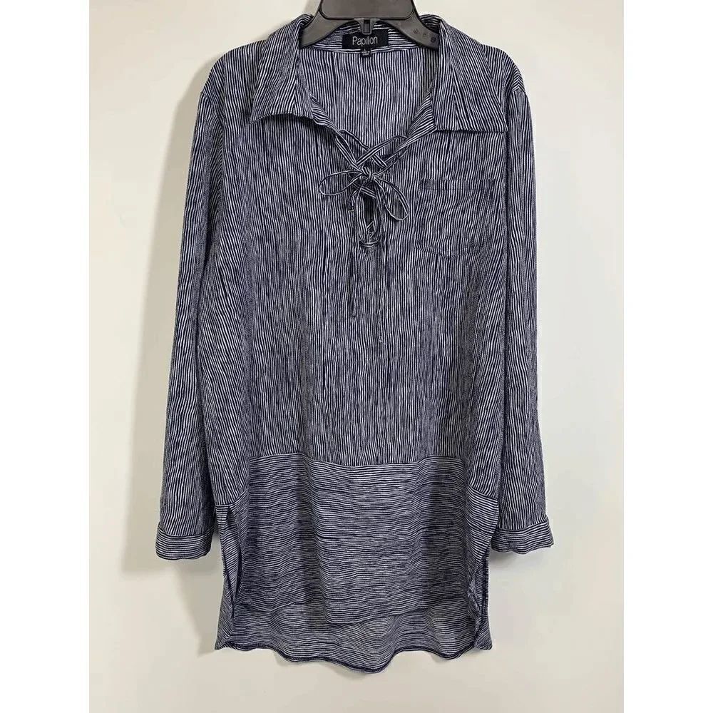 Papillon Women's Striped Lace-up Front Long Shirt Navy Size Large - Picture 1 of 11